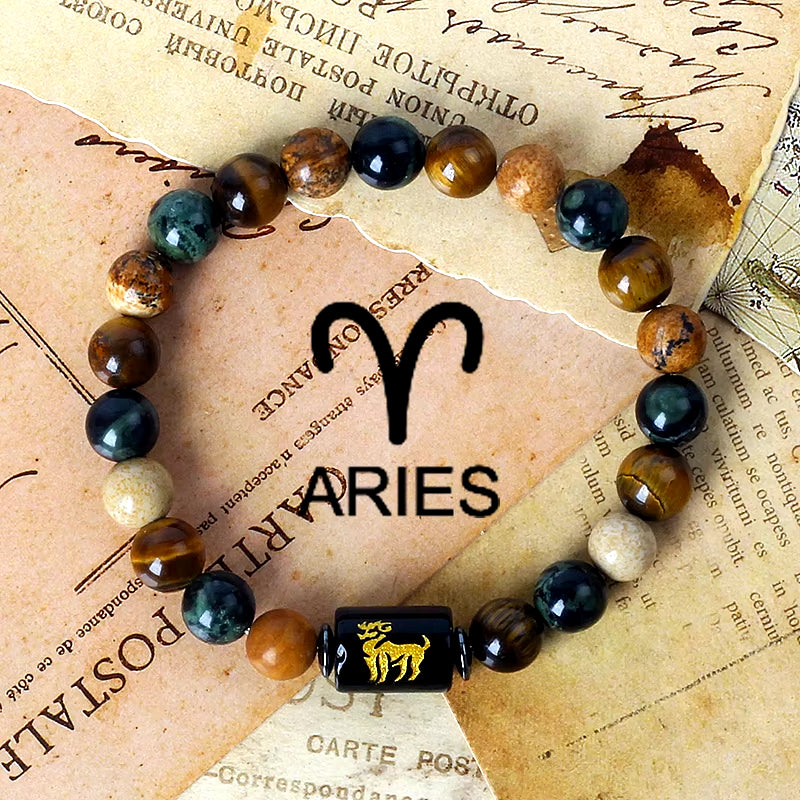 12 Zodiac Signs Charm Bracelets Men 2024 Libra Obsidian Tiger Eye Stone Beaded Bracelets for Women Constellation Couple Jewelry