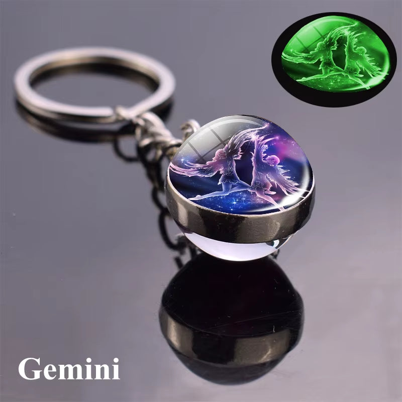 12 Constellation Luminous Keychain Glass Ball Pendant Zodiac Keychain Glow in the Dark Key Chain Holder Men Women Birthday Gift