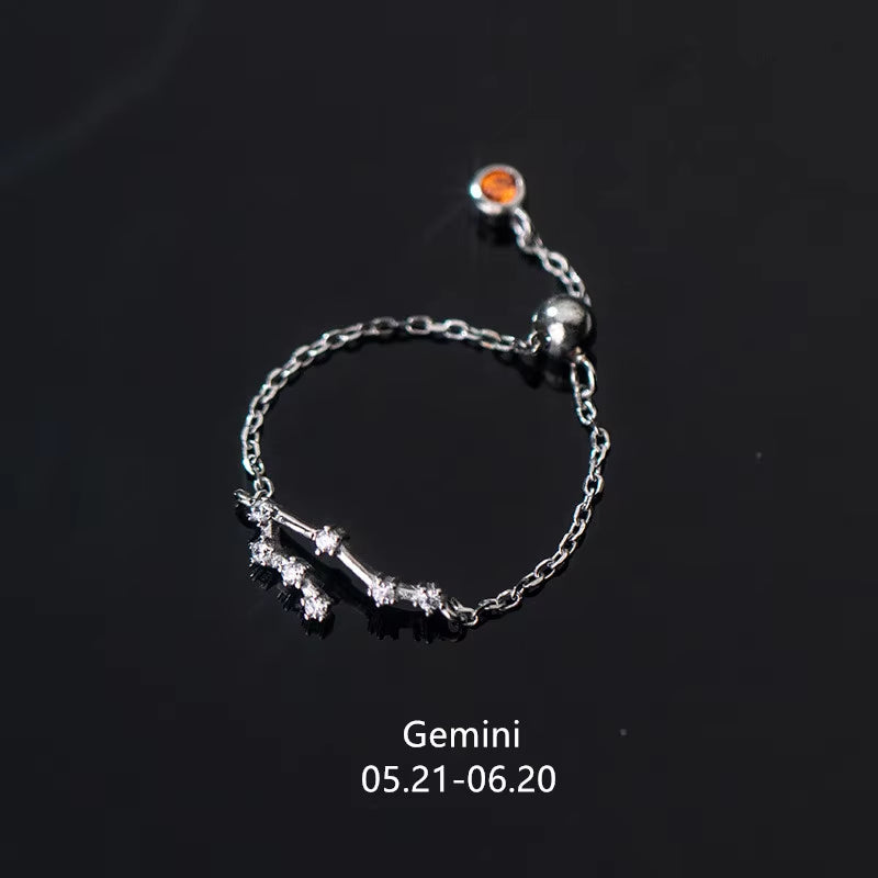 925 Sterling Silver Unique 12 Constellation Chain Link Adjustable Rings for Women Couple Zodiac Jewelry Celestial Gift