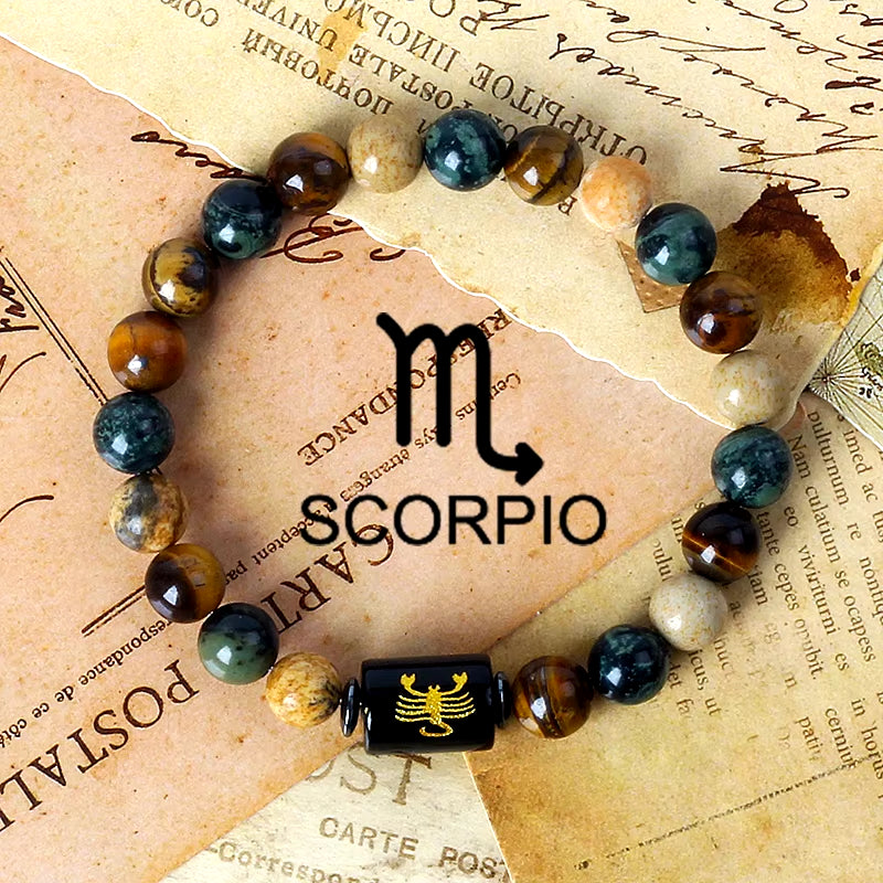 12 Zodiac Signs Charm Bracelets Men 2024 Libra Obsidian Tiger Eye Stone Beaded Bracelets for Women Constellation Couple Jewelry