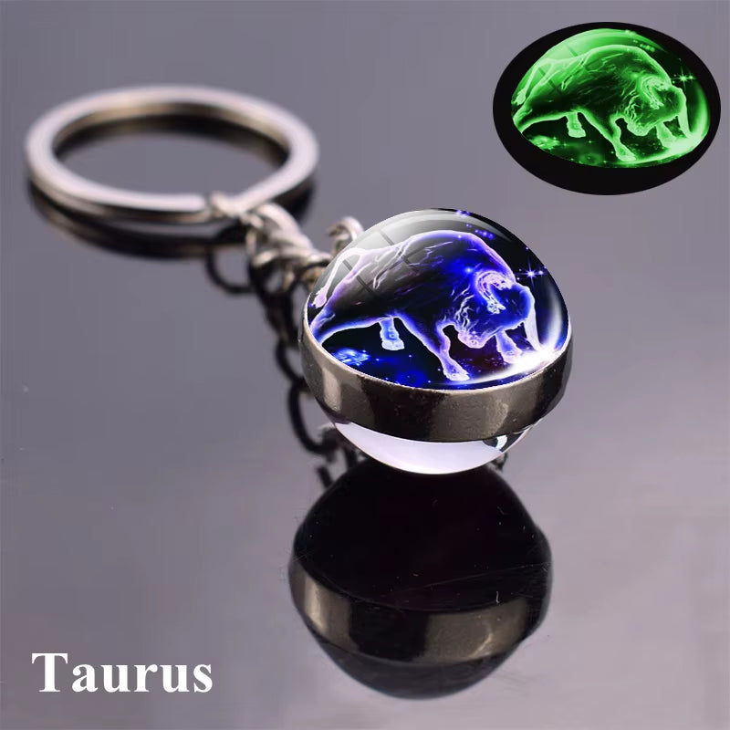 12 Constellation Luminous Keychain Glass Ball Pendant Zodiac Keychain Glow in the Dark Key Chain Holder Men Women Birthday Gift