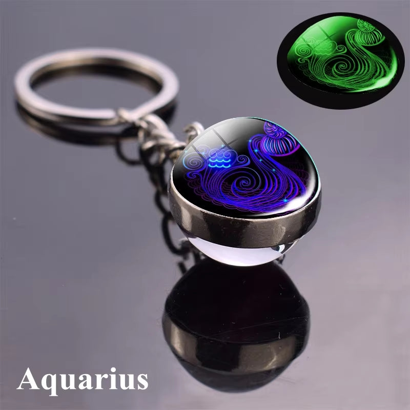 12 Constellation Luminous Keychain Glass Ball Pendant Zodiac Keychain Glow in the Dark Key Chain Holder Men Women Birthday Gift