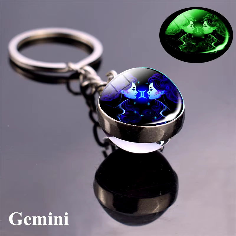 12 Constellation Luminous Keychain Glass Ball Pendant Zodiac Keychain Glow in the Dark Key Chain Holder Men Women Birthday Gift