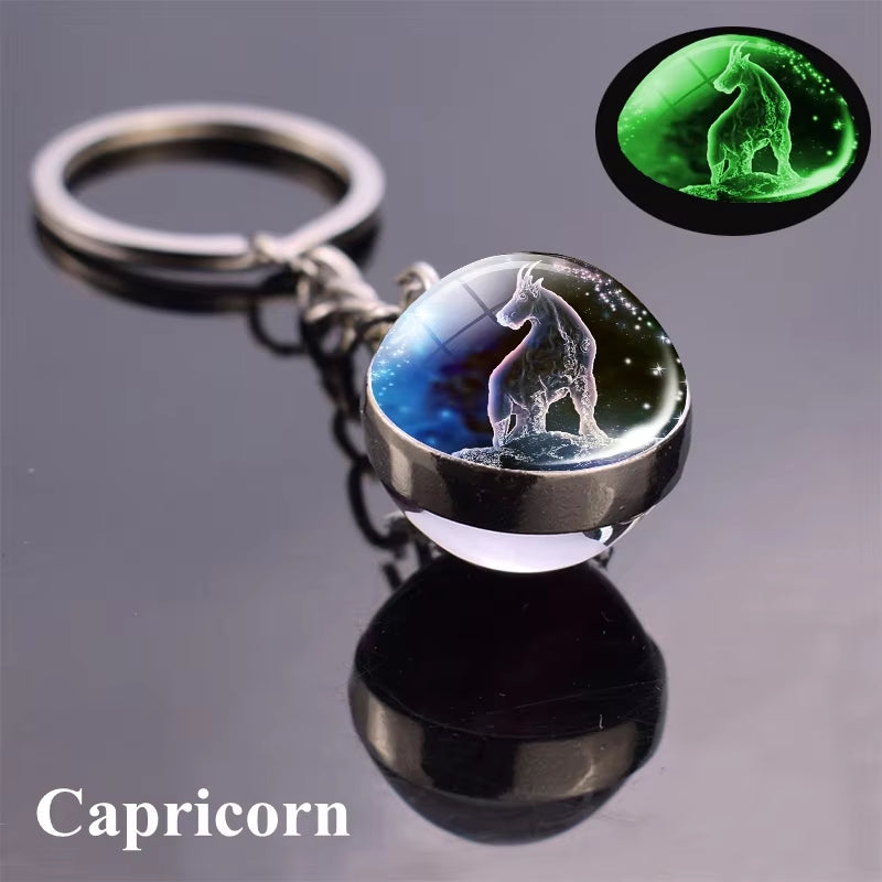 12 Constellation Luminous Keychain Glass Ball Pendant Zodiac Keychain Glow in the Dark Key Chain Holder Men Women Birthday Gift