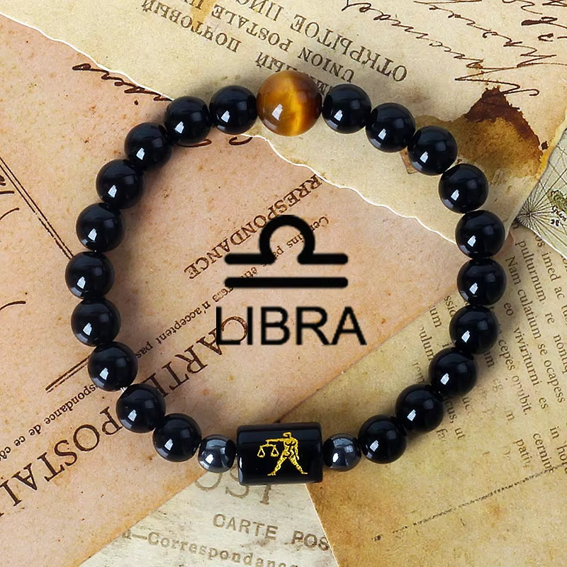 12 Zodiac Signs Charm Bracelets Men 2024 Libra Obsidian Tiger Eye Stone Beaded Bracelets for Women Constellation Couple Jewelry