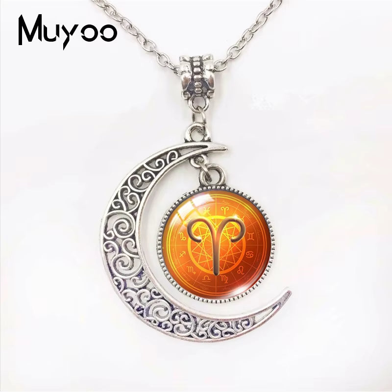 Galaxy Nebula 12 Zodiac Scorpio Sagittarius Capricorn Aquarius Signs Moon Pendant Fashion Necklace Glass Dome Zodiac Jewelry