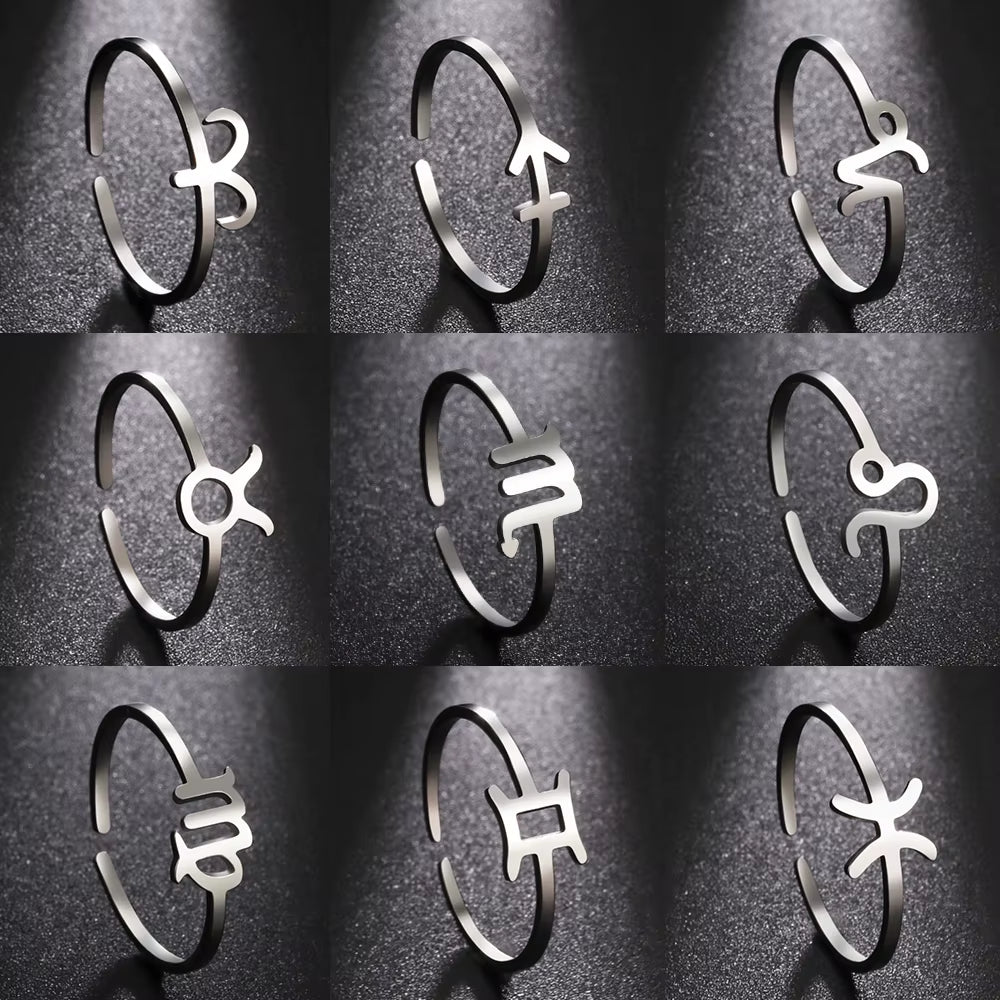 12 Zodiac Ring Stainless Steel 12 Constellation Leo Virgo Aries Scorpio Open Finger Ring Minimalist Jewelry Birthday Gift