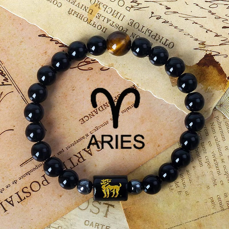 12 Zodiac Signs Charm Bracelets Men 2024 Libra Obsidian Tiger Eye Stone Beaded Bracelets for Women Constellation Couple Jewelry