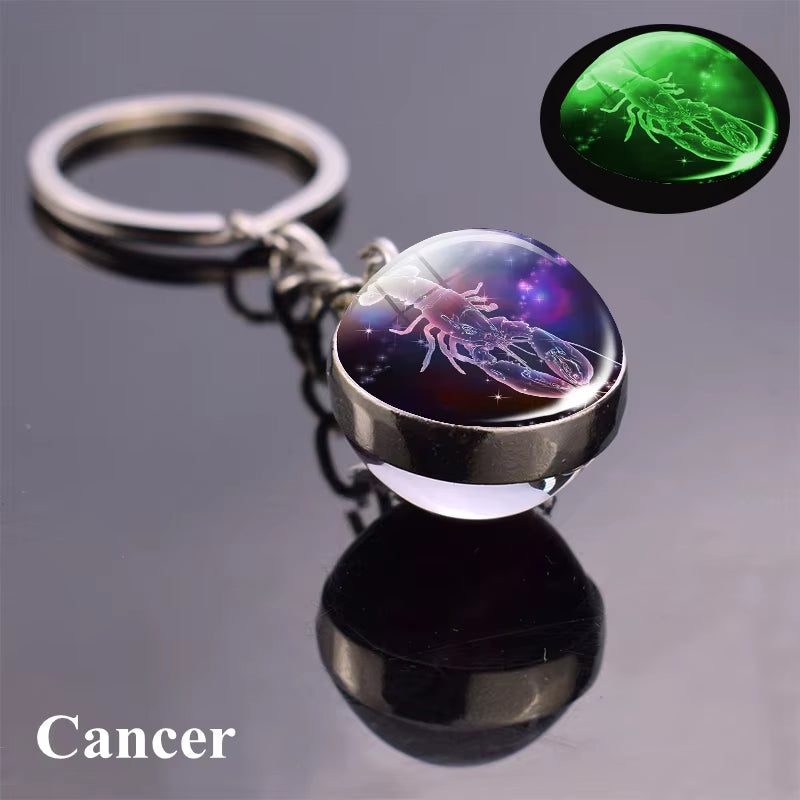 12 Constellation Luminous Keychain Glass Ball Pendant Zodiac Keychain Glow in the Dark Key Chain Holder Men Women Birthday Gift