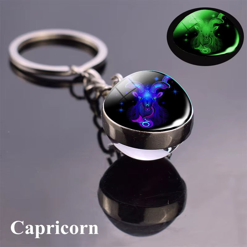 12 Constellation Luminous Keychain Glass Ball Pendant Zodiac Keychain Glow in the Dark Key Chain Holder Men Women Birthday Gift