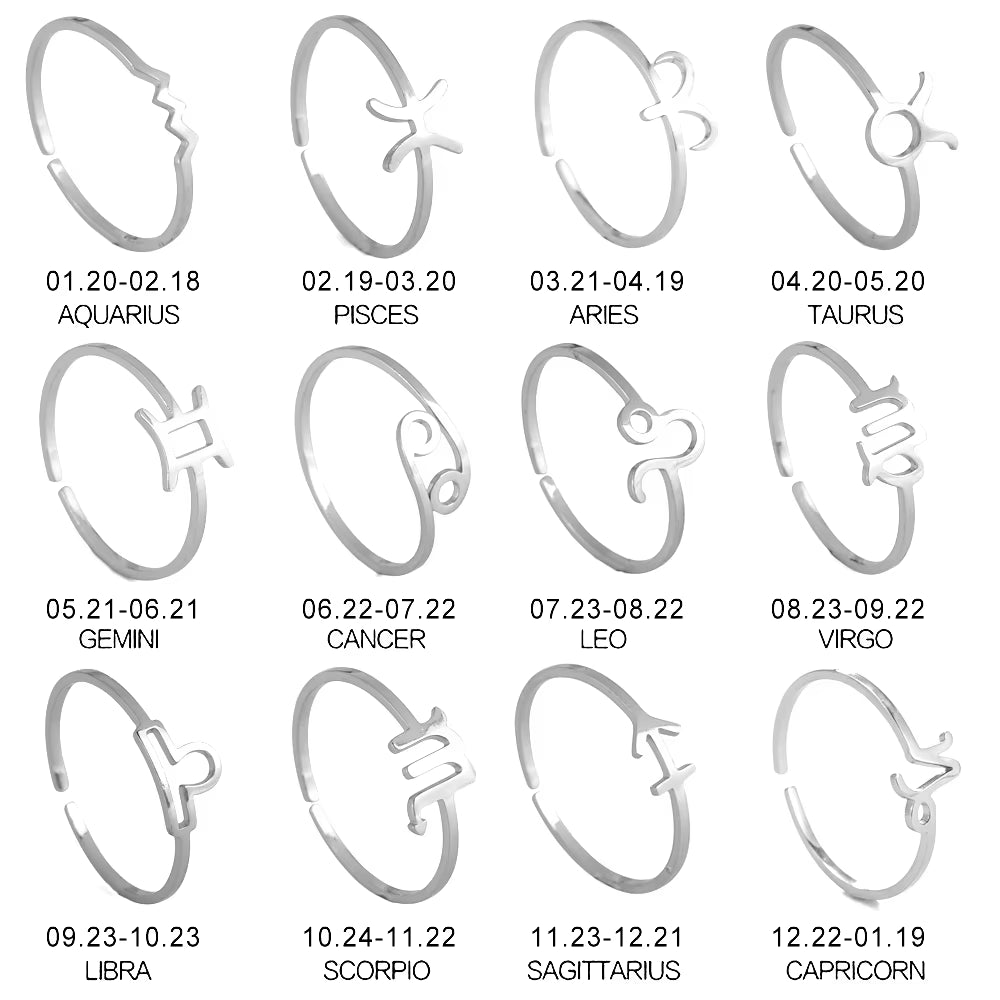 12 Zodiac Ring Stainless Steel 12 Constellation Leo Virgo Aries Scorpio Open Finger Ring Minimalist Jewelry Birthday Gift