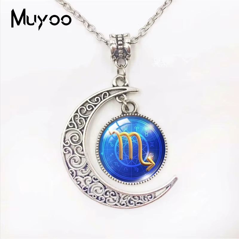 Galaxy Nebula 12 Zodiac Scorpio Sagittarius Capricorn Aquarius Signs Moon Pendant Fashion Necklace Glass Dome Zodiac Jewelry