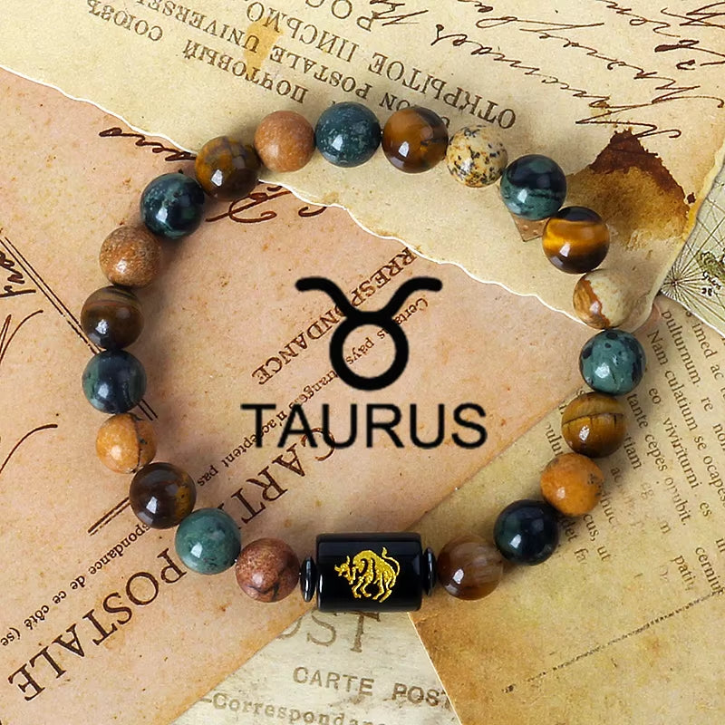 12 Zodiac Signs Charm Bracelets Men 2024 Libra Obsidian Tiger Eye Stone Beaded Bracelets for Women Constellation Couple Jewelry