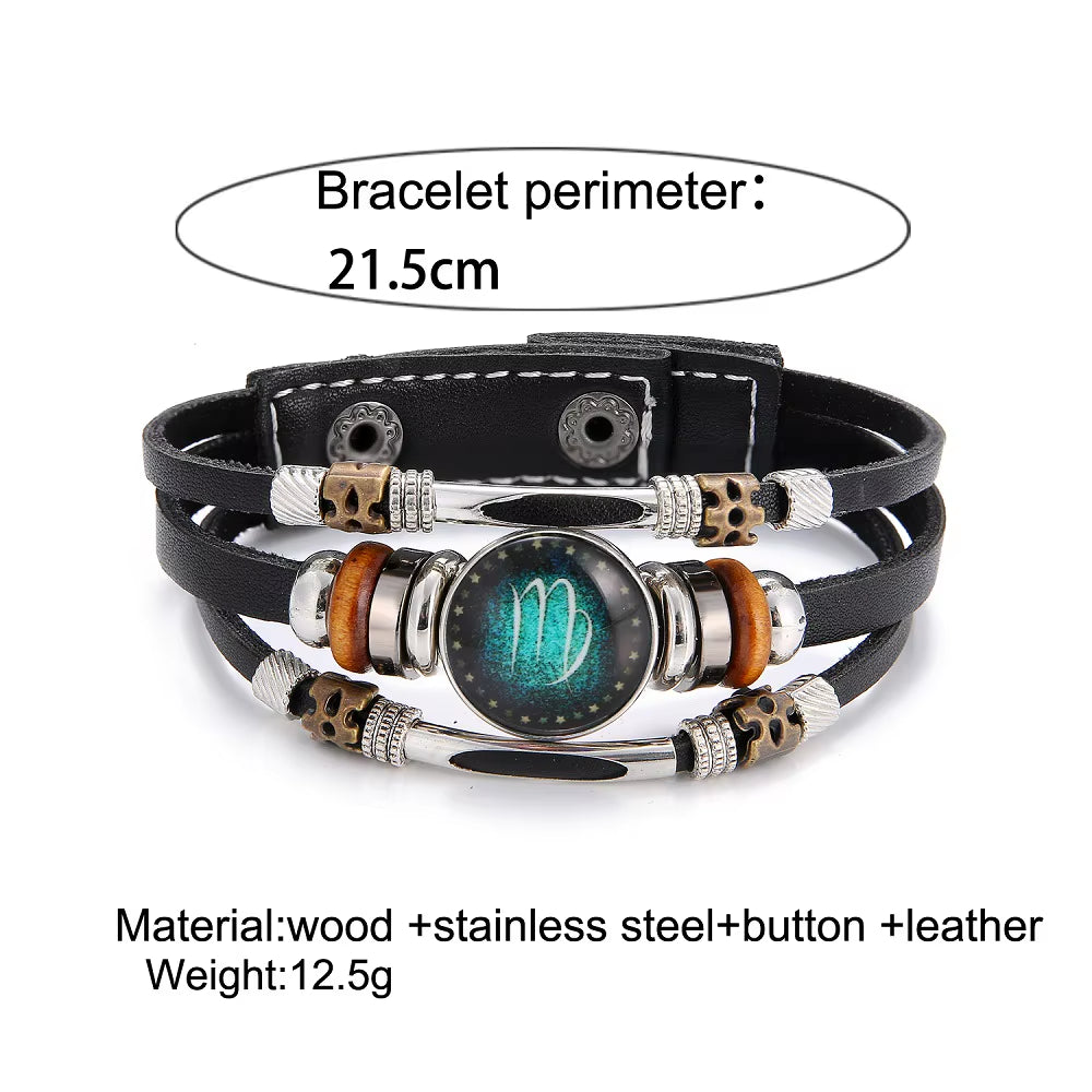 12 Constellation Leather Bracelet Multilayer Cuff Stainless Steel 12 Zodiac Bracelet for Women Daily Wear