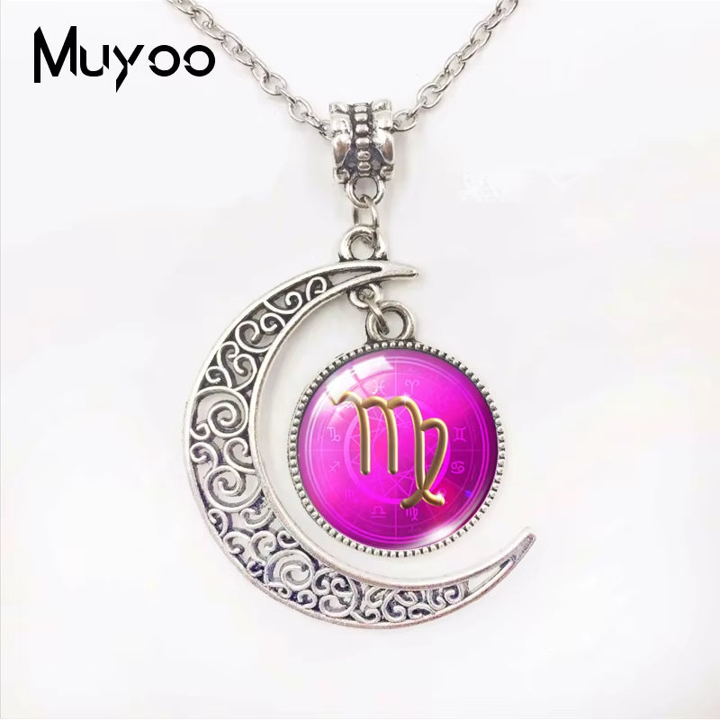 Galaxy Nebula 12 Zodiac Scorpio Sagittarius Capricorn Aquarius Signs Moon Pendant Fashion Necklace Glass Dome Zodiac Jewelry