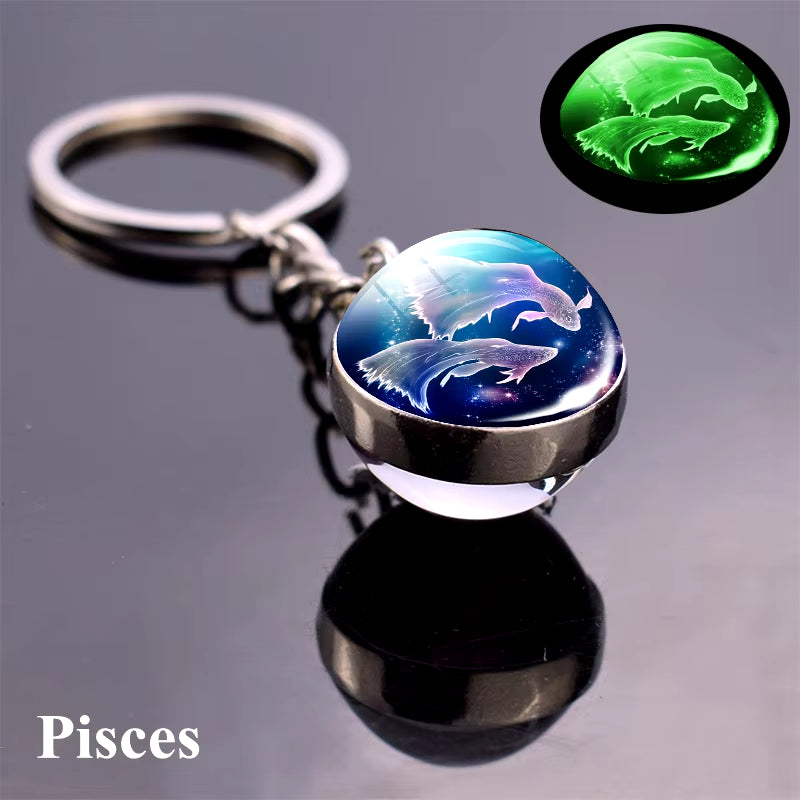 12 Constellation Luminous Keychain Glass Ball Pendant Zodiac Keychain Glow in the Dark Key Chain Holder Men Women Birthday Gift