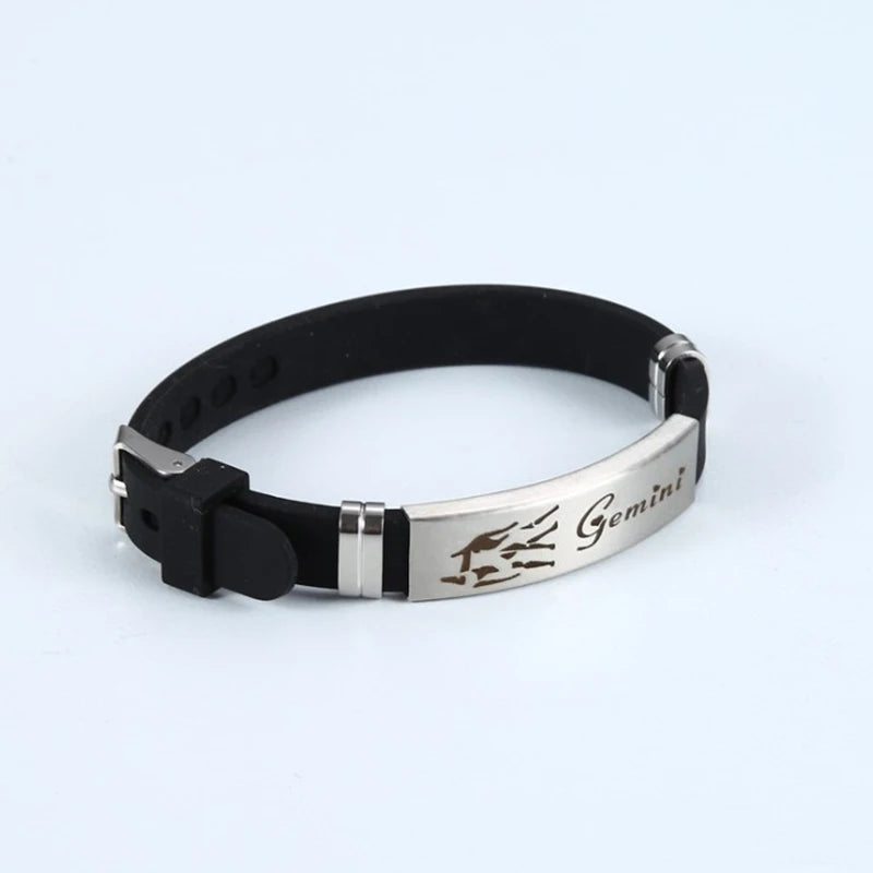 12 Signs of the Zodiac Bracelets Cancer Leo Libra Sagittarius Pattern Black Silicone Bangles Men Classic Jewelry G012