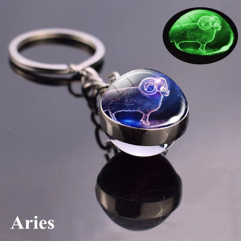 12 Constellation Luminous Keychain Glass Ball Pendant Zodiac Keychain Glow in the Dark Key Chain Holder Men Women Birthday Gift