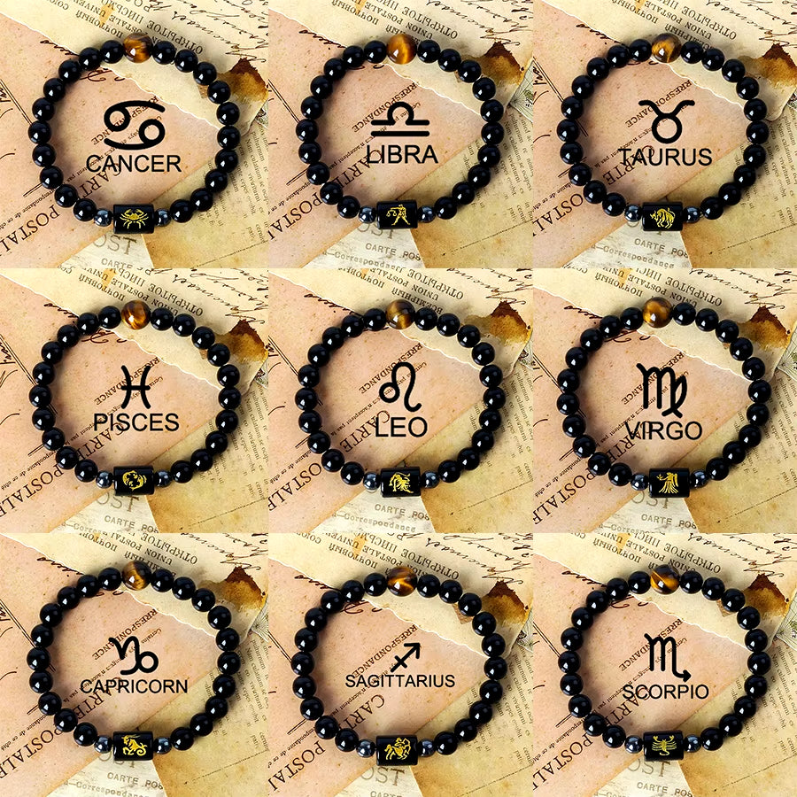 12 Zodiac Signs Charm Bracelets Men 2024 Libra Obsidian Tiger Eye Stone Beaded Bracelets for Women Constellation Couple Jewelry