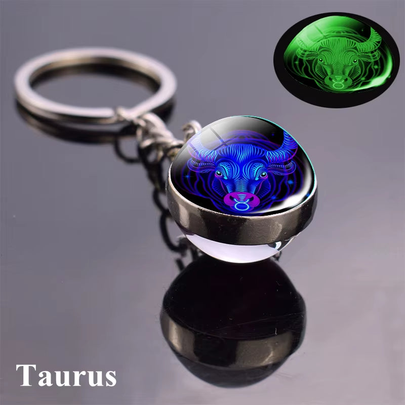 12 Constellation Luminous Keychain Glass Ball Pendant Zodiac Keychain Glow in the Dark Key Chain Holder Men Women Birthday Gift