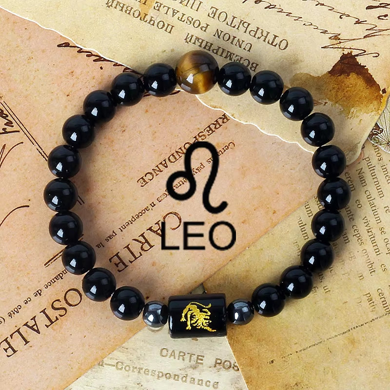 12 Zodiac Signs Charm Bracelets Men 2024 Libra Obsidian Tiger Eye Stone Beaded Bracelets for Women Constellation Couple Jewelry