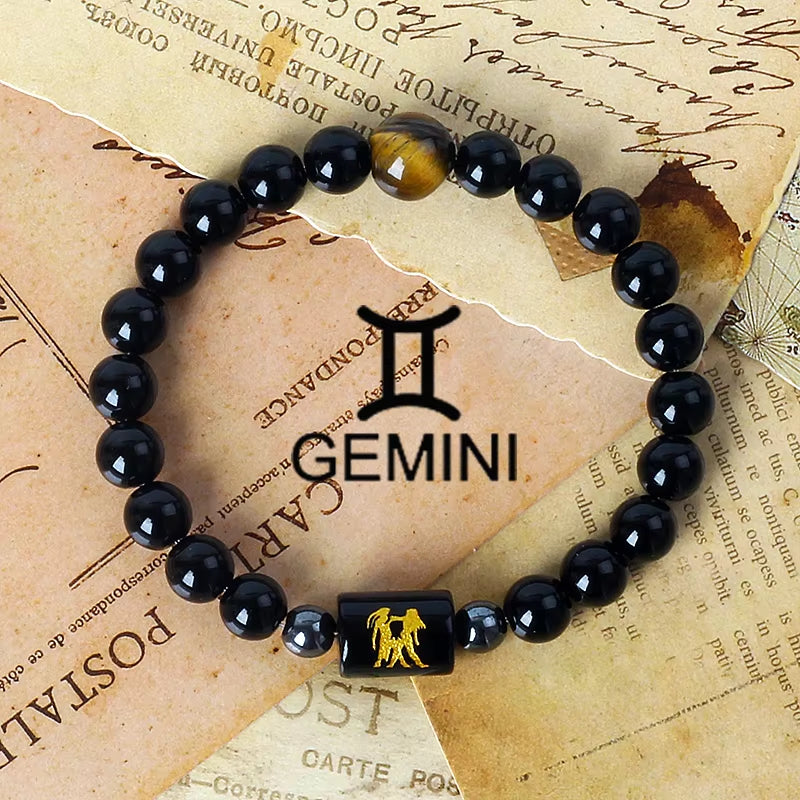 12 Zodiac Signs Charm Bracelets Men 2024 Libra Obsidian Tiger Eye Stone Beaded Bracelets for Women Constellation Couple Jewelry