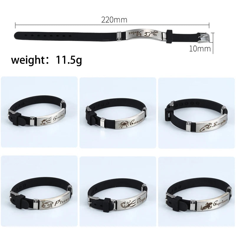 12 Signs of the Zodiac Bracelets Cancer Leo Libra Sagittarius Pattern Black Silicone Bangles Men Classic Jewelry G012