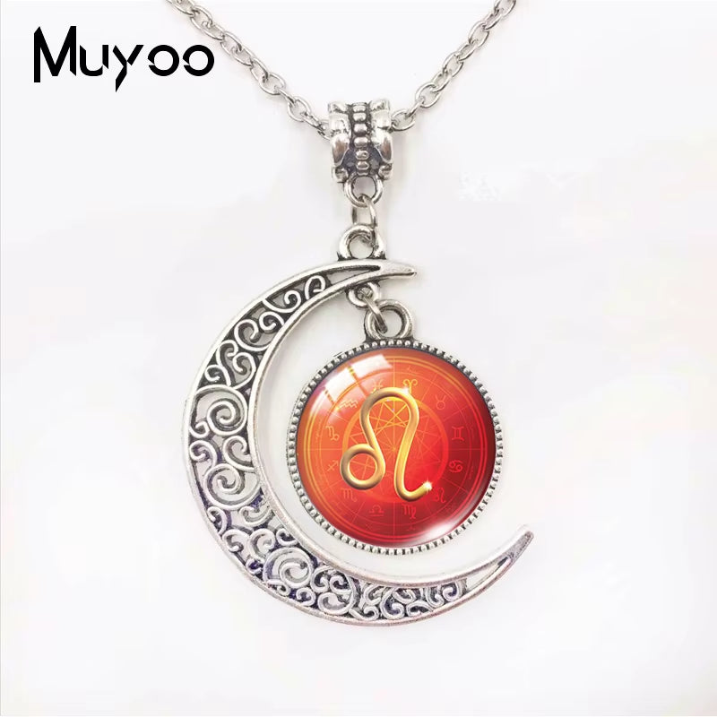 Galaxy Nebula 12 Zodiac Scorpio Sagittarius Capricorn Aquarius Signs Moon Pendant Fashion Necklace Glass Dome Zodiac Jewelry