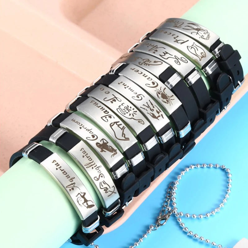 12 Signs of the Zodiac Bracelets Cancer Leo Libra Sagittarius Pattern Black Silicone Bangles Men Classic Jewelry G012