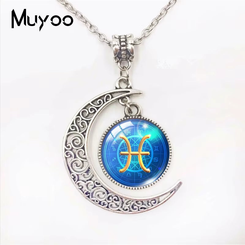 Galaxy Nebula 12 Zodiac Scorpio Sagittarius Capricorn Aquarius Signs Moon Pendant Fashion Necklace Glass Dome Zodiac Jewelry