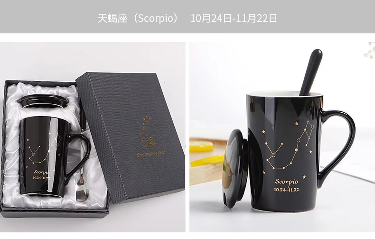 With Gift Box 12 Constellations Creative Ceramic Mugs with Spoon Lid Black and Gold Porcelain Zodiac Milk Coffee Cup 400ML Water