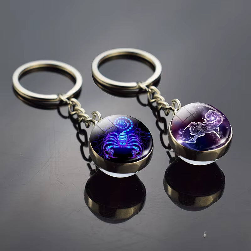 12 Constellation Luminous Keychain Glass Ball Pendant Zodiac Keychain Glow in the Dark Key Chain Holder Men Women Birthday Gift