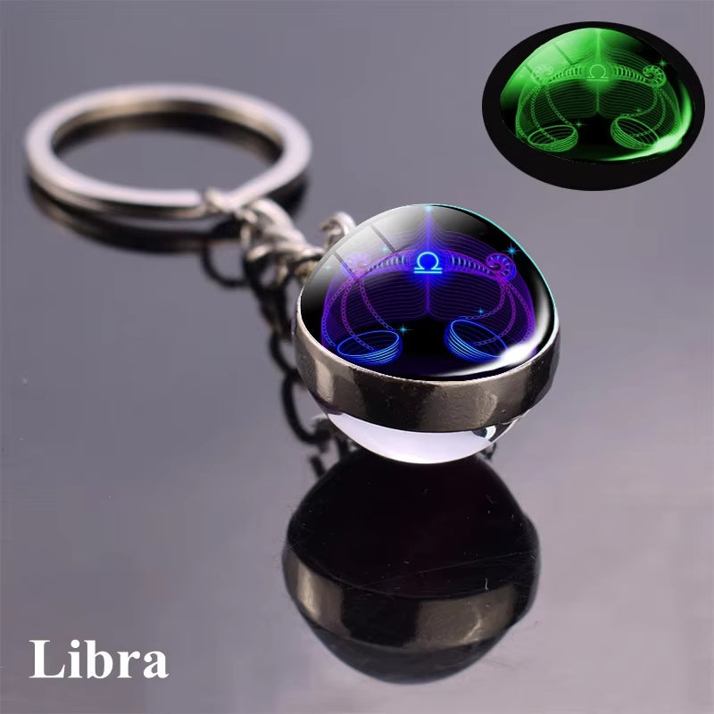 12 Constellation Luminous Keychain Glass Ball Pendant Zodiac Keychain Glow in the Dark Key Chain Holder Men Women Birthday Gift