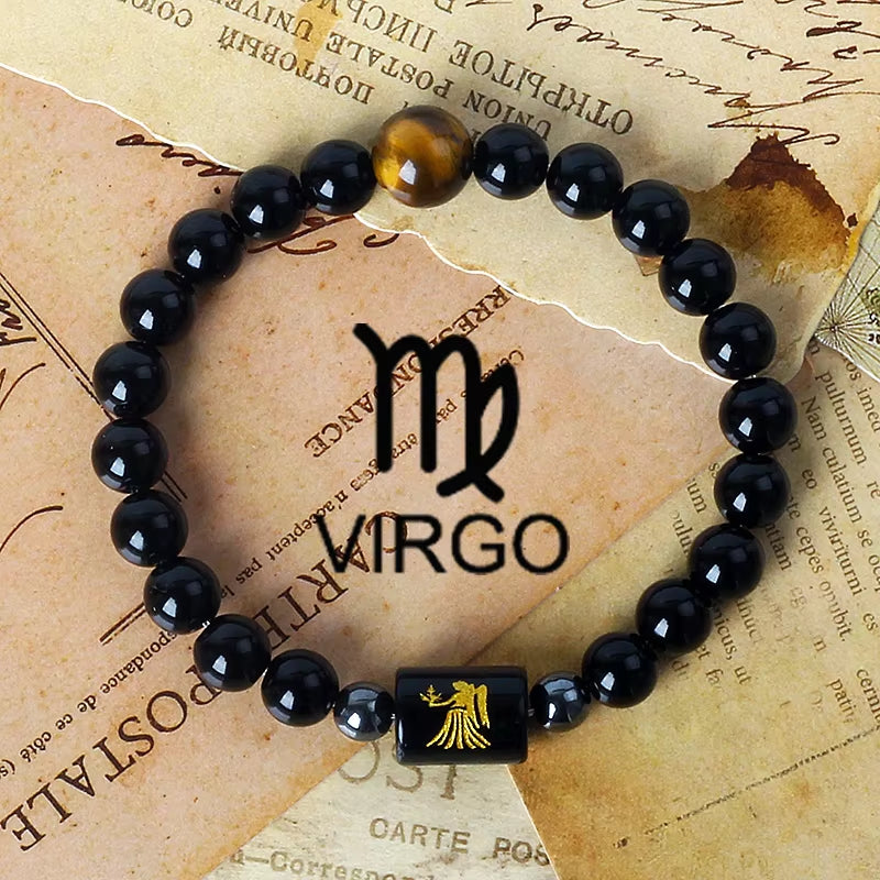 12 Zodiac Signs Charm Bracelets Men 2024 Libra Obsidian Tiger Eye Stone Beaded Bracelets for Women Constellation Couple Jewelry