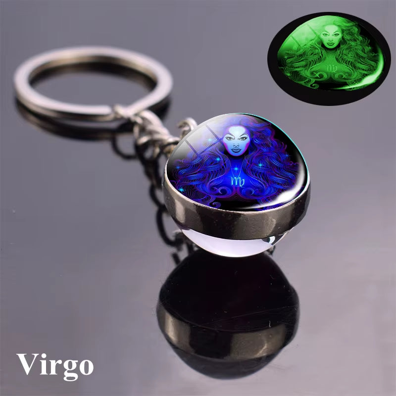 12 Constellation Luminous Keychain Glass Ball Pendant Zodiac Keychain Glow in the Dark Key Chain Holder Men Women Birthday Gift