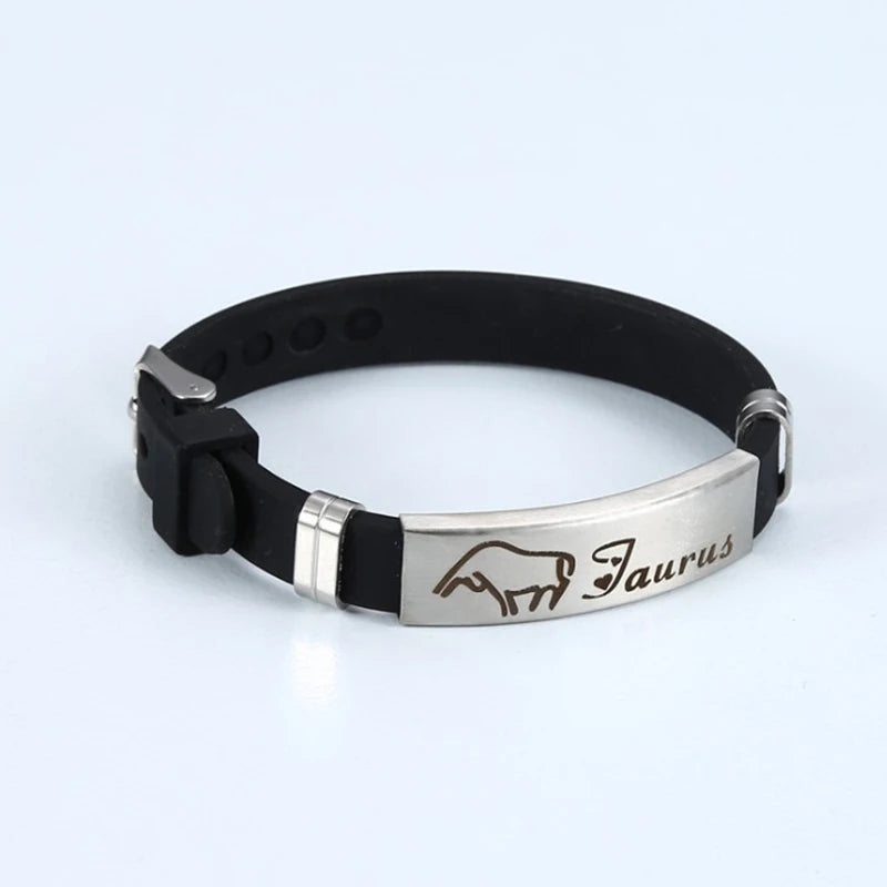 12 Signs of the Zodiac Bracelets Cancer Leo Libra Sagittarius Pattern Black Silicone Bangles Men Classic Jewelry G012