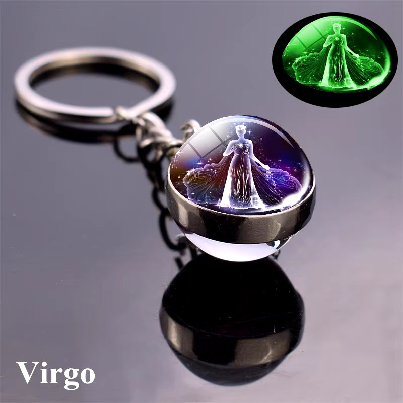 12 Constellation Luminous Keychain Glass Ball Pendant Zodiac Keychain Glow in the Dark Key Chain Holder Men Women Birthday Gift