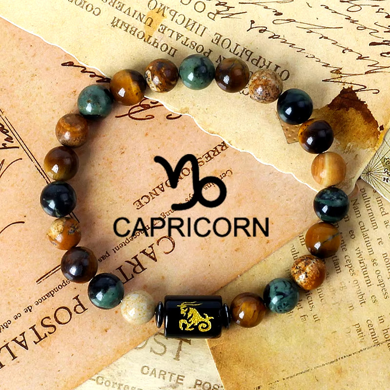 12 Zodiac Signs Charm Bracelets Men 2024 Libra Obsidian Tiger Eye Stone Beaded Bracelets for Women Constellation Couple Jewelry