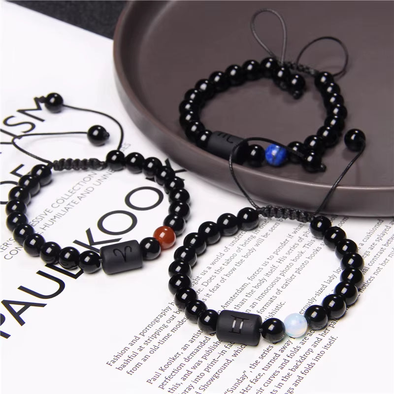 12 Zodiac Signs Constellation Couples Bracelet Natural Stone Beads Braided Bracelet for Women Men Friend Birthday Jewelry Gift