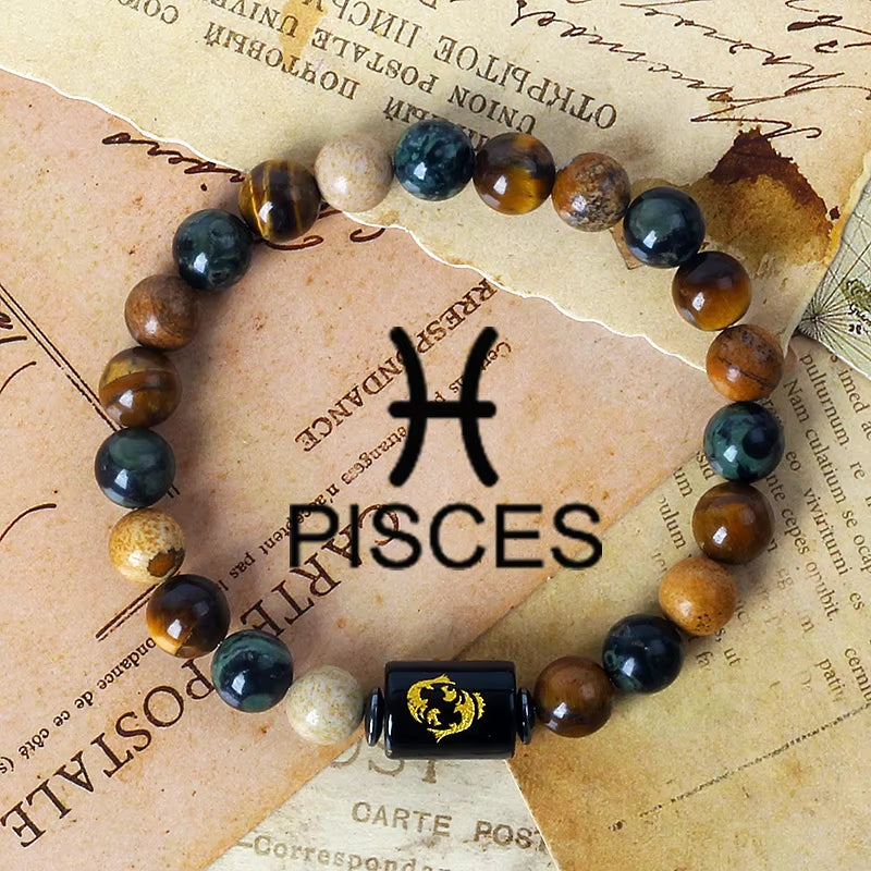 12 Zodiac Signs Charm Bracelets Men 2024 Libra Obsidian Tiger Eye Stone Beaded Bracelets for Women Constellation Couple Jewelry