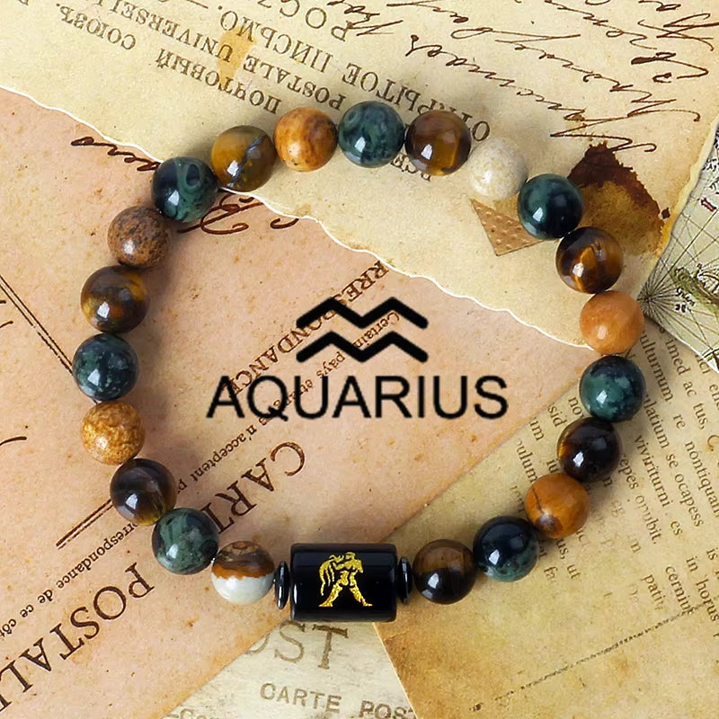 12 Zodiac Signs Charm Bracelets Men 2024 Libra Obsidian Tiger Eye Stone Beaded Bracelets for Women Constellation Couple Jewelry