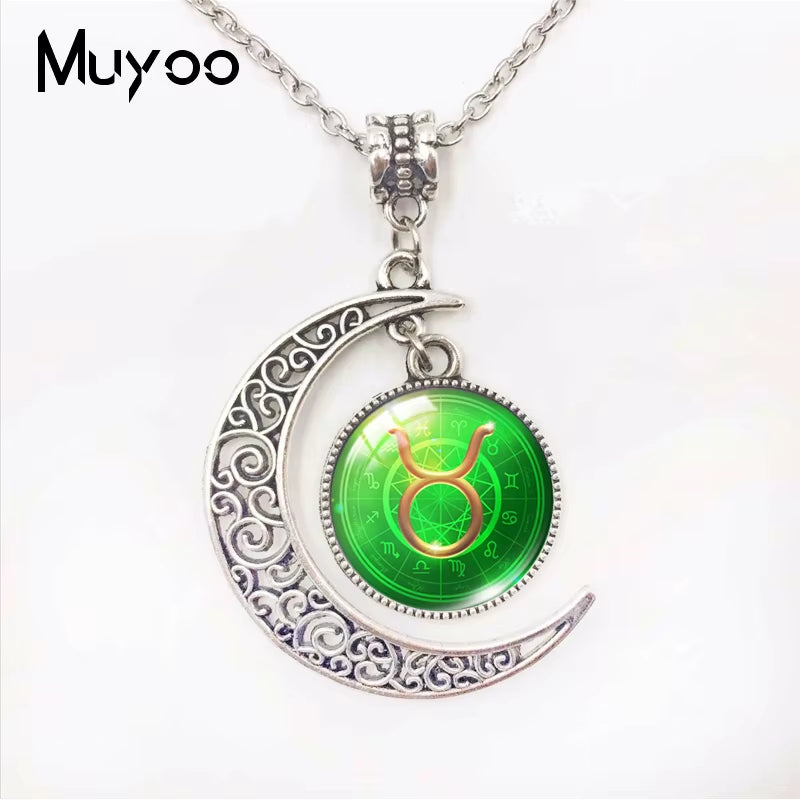 Galaxy Nebula 12 Zodiac Scorpio Sagittarius Capricorn Aquarius Signs Moon Pendant Fashion Necklace Glass Dome Zodiac Jewelry