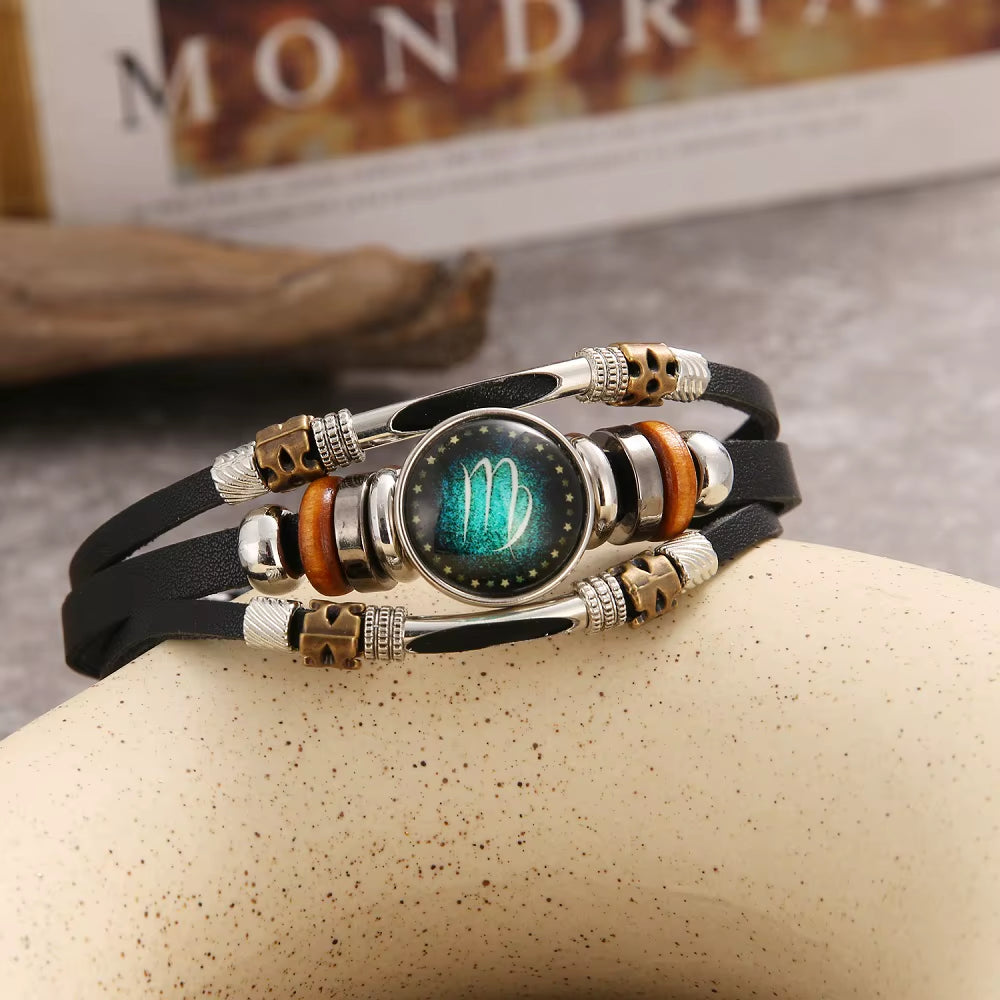 12 Constellation Leather Bracelet Multilayer Cuff Stainless Steel 12 Zodiac Bracelet for Women Daily Wear