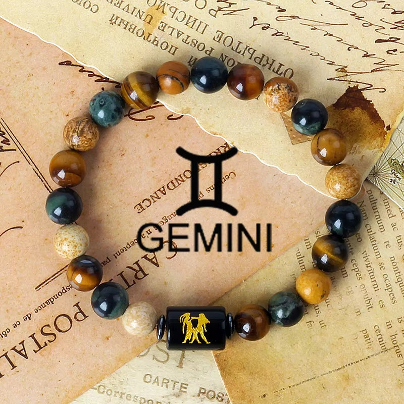 12 Zodiac Signs Charm Bracelets Men 2024 Libra Obsidian Tiger Eye Stone Beaded Bracelets for Women Constellation Couple Jewelry