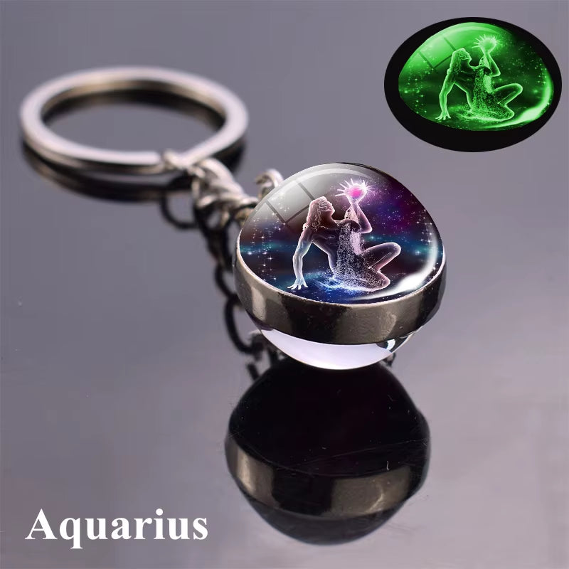 12 Constellation Luminous Keychain Glass Ball Pendant Zodiac Keychain Glow in the Dark Key Chain Holder Men Women Birthday Gift