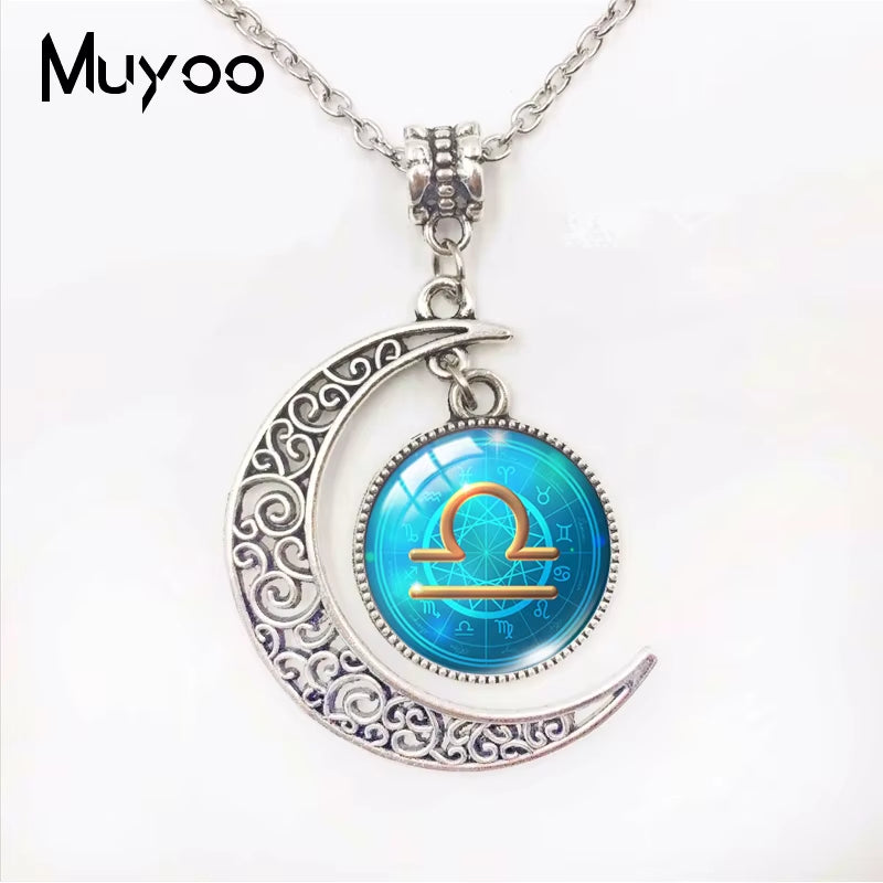 Galaxy Nebula 12 Zodiac Scorpio Sagittarius Capricorn Aquarius Signs Moon Pendant Fashion Necklace Glass Dome Zodiac Jewelry