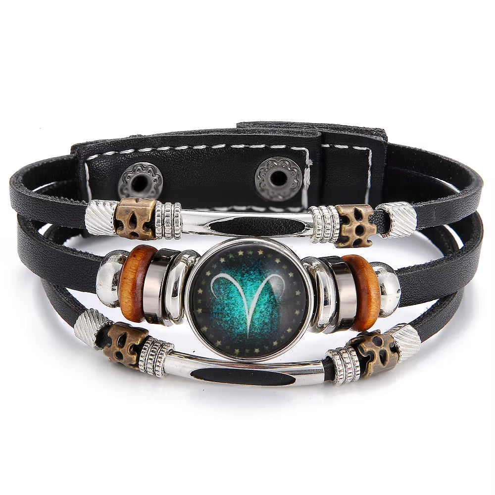 12 Constellation Leather Bracelet Multilayer Cuff Stainless Steel 12 Zodiac Bracelet for Women Daily Wear