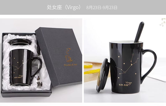 With Gift Box 12 Constellations Creative Ceramic Mugs with Spoon Lid Black and Gold Porcelain Zodiac Milk Coffee Cup 400ML Water