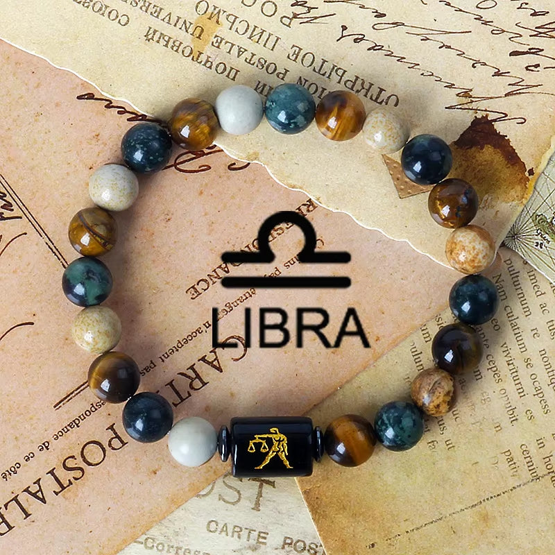 12 Zodiac Signs Charm Bracelets Men 2024 Libra Obsidian Tiger Eye Stone Beaded Bracelets for Women Constellation Couple Jewelry