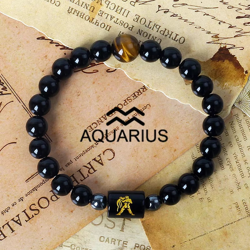 12 Zodiac Signs Charm Bracelets Men 2024 Libra Obsidian Tiger Eye Stone Beaded Bracelets for Women Constellation Couple Jewelry